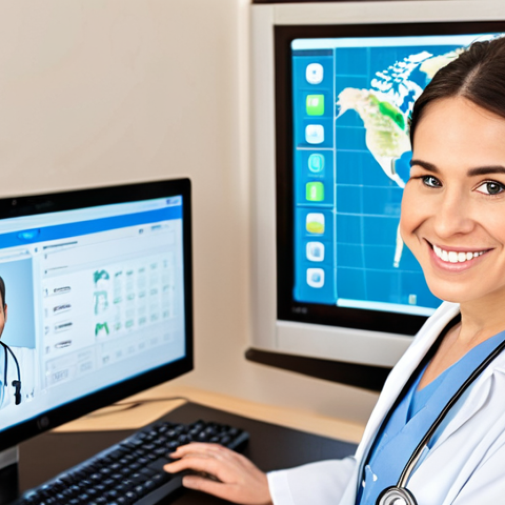 **

A clean, modern doctor's office setting. A friendly doctor is video conferencing with a patient on a large screen. The patient is smiling and relaxed in their home. In the background, subtle icons representing secure data transmission and globe are included. The overall tone is positive and reassuring, showcasing the convenience and global reach of telemedicine.

**