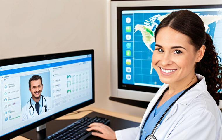 **
A clean, modern doctor's office setting. A friendly doctor is video conferencing with a patient on a large screen. The patient is smiling and relaxed in their home. In the background, subtle icons representing secure data transmission and globe are included. The overall tone is positive and reassuring, showcasing the convenience and global reach of telemedicine.
**