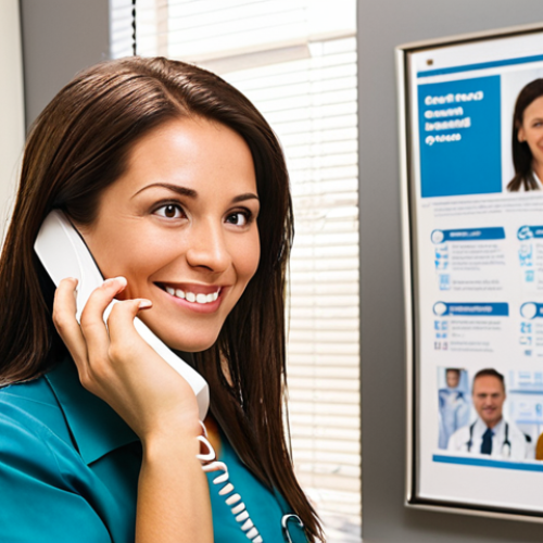 Home 14 **Image:** A warm, inviting scene of a medical tourism coordinator speaking empathetically on the phone with a potential patient. The coordinator is smiling slightly, and the background shows a modern office with brochures and medical images subtly displayed.
**Prompt:** Empathetic medical tourism coordinator on a phone consultation, warm lighting, modern office, brochures in background, patient-centered care.