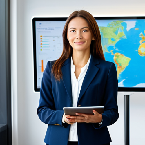 Home 7 A professional Medical Tourism Coordinator, fully clothed in a modest, dark business suit and light professional blouse, stands confidently in a modern, brightly lit office. A large digital display in the background subtly shows a world map overlaid with patient journey data. She holds a tablet, looking thoughtfully yet assuredly. Professional photography, perfect anatomy, correct proportions, natural pose, well-formed hands, proper finger count, natural body proportions, high resolution, soft studio lighting, safe for work, appropriate content, family-friendly.