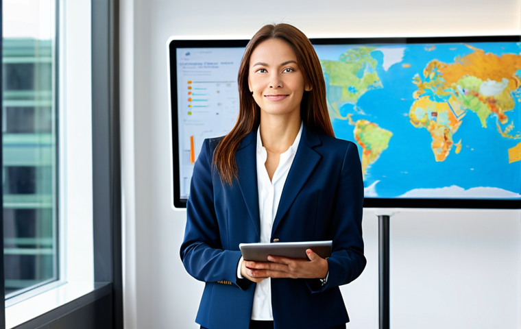 A professional Medical Tourism Coordinator, fully clothed in a modest, dark business suit and light professional blouse, stands confidently in a modern, brightly lit office. A large digital display in the background subtly shows a world map overlaid with patient journey data. She holds a tablet, looking thoughtfully yet assuredly. Professional photography, perfect anatomy, correct proportions, natural pose, well-formed hands, proper finger count, natural body proportions, high resolution, soft studio lighting, safe for work, appropriate content, family-friendly.