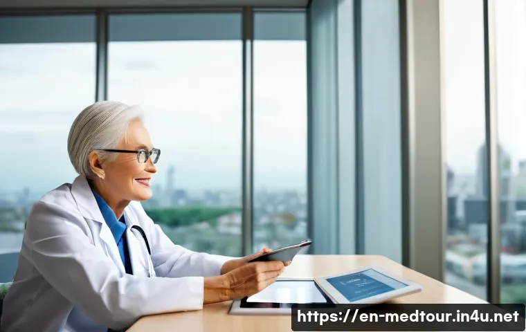 의료관광코디네이터의 필수 비즈니스 매너 - **Prompt:** A compassionate female medical tourism coordinator, in her late 30s, with a warm, reassu...