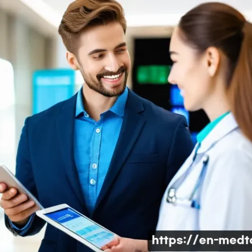 의료관광코디네이터 업무사례 분석 - A professional medical tourism coordinator warmly assisting an international patient in a modern hos...