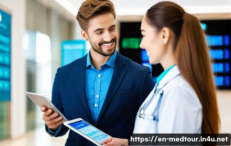 의료관광코디네이터 업무사례 분석 - A professional medical tourism coordinator warmly assisting an international patient in a modern hos...