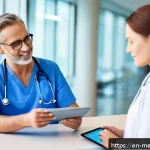 의료관광코디네이터와 여행사의 차별점 - A professional medical tourism coordinator assisting a middle-aged patient in a bright, modern hospi...