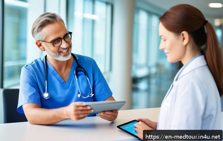 의료관광코디네이터와 여행사의 차별점 - A professional medical tourism coordinator assisting a middle-aged patient in a bright, modern hospi...