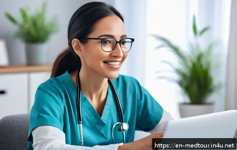 의료관광코디네이터의 커뮤니케이션 스킬 - A compassionate medical coordinator attentively listening to a diverse patient during a video call, ...