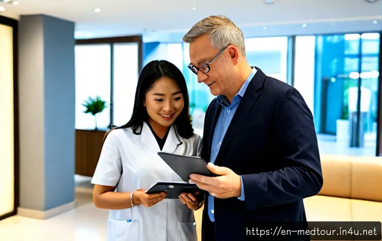 의료관광코디네이터 해외의 사례 연구 - Photorealistic international medical tourism coordinator assisting a middle-aged British couple at a...