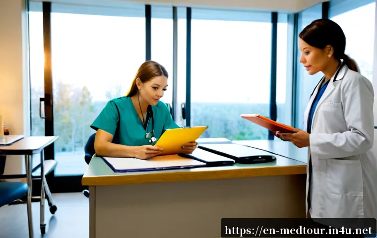 의료관광코디네이터 실무 교육 사례 - Photorealistic medical tourism coordinator practical training in a modern U.S. hospital consultation...